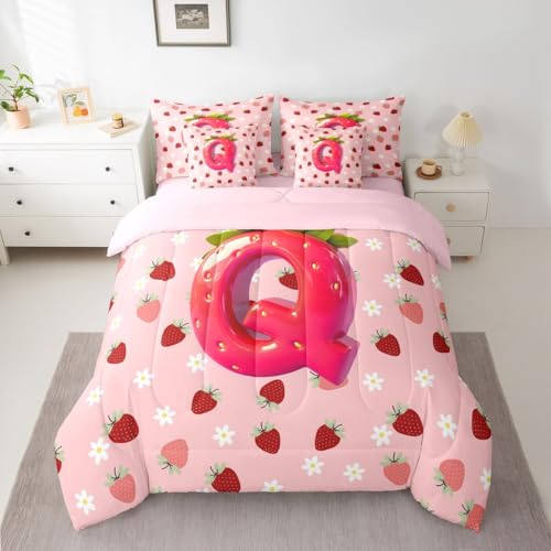 Image of Feelyou Girls Cute Strawberry Comforter Set with Sheets 7 Piece Twin Size Pink Strawberry Bedding Set for Kids Boys Girls Initial Letter Bed in a Bag Room Decor Soft Lightweight Microfiber