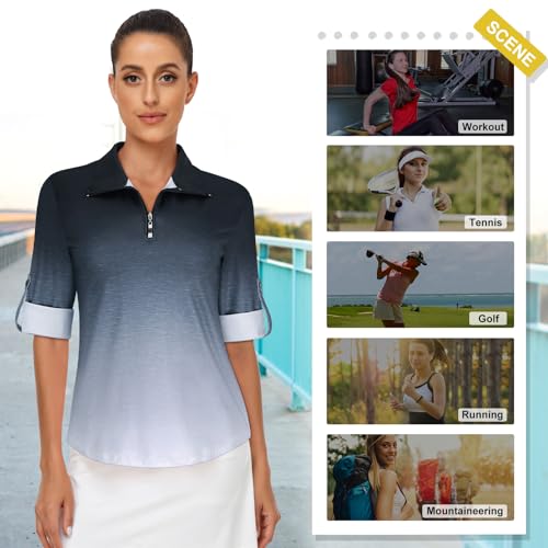 Koscacy Women's 3/4 Roll Sleeve Golf Tennis Polo Shirts UPF50+ Half Zip Dry Fit Workout Tops Athletic Shirt4
