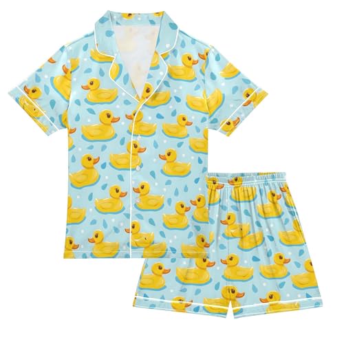 ALAZA Yellow Duck Water Blue Satin Pajamas Set Short Sleeve Button Down Sleepwear Summer Pjs 2 Piece