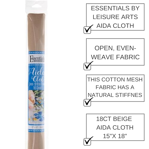 Image of Essentials By Leisure Arts Aida Cloth, 18 Count, Beige, Cross Stitch Fabric, Embroidery Fabric, Cross Stitch Supplies for Crafting, Stitching, and Sewing Projects 15X18
