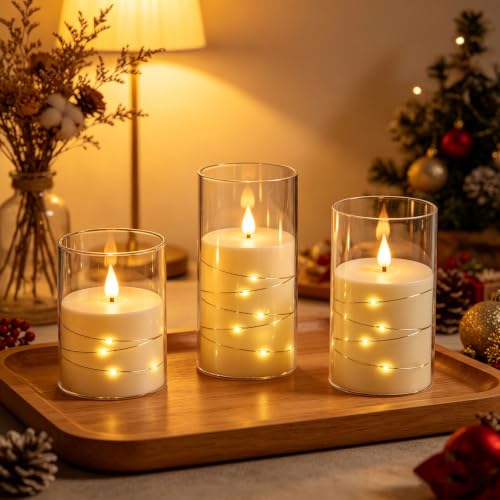 Image of Da by 3 Pack Ivory Transparent Acrylic Flameless Taper Candles, Flickering Black Wick LED Candles with Fairy String Lights, Heat Resistant ABS Candles with Remote for Home Patio Decor