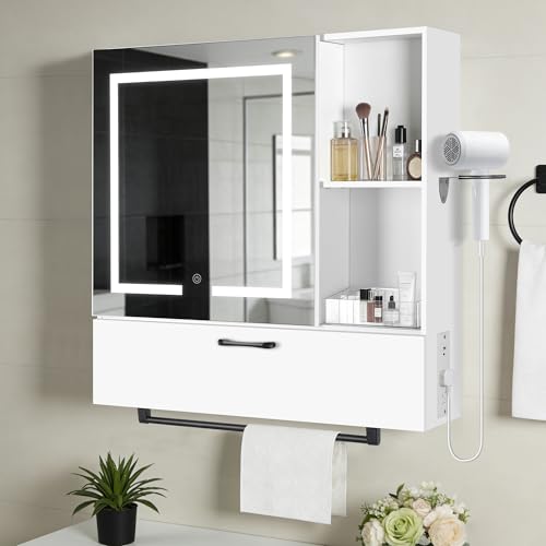 vellaniq LED Lighting with Socket and USB Bathroom Medicine Mirror Cabinet,Color Changing Anti Fog Light Strip,Equipped with Hair Dryer Rack and Towel Rack,Embedded or Wall Mounted,White - image 2