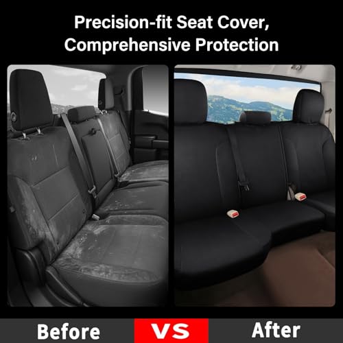 Image of Coverado Chevy Silverado Waterproof Canvas Rear Seat Covers, Fit for 2014-2018 1500, 2015-2019 2500HD 3500HD Chevy Silverado GMC Sierra Crew Double Extended Cab (Curved Rear, Black)