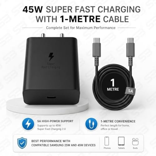 Image of SB 45W Fast Charger Type C to C Cable, PD 3.0 Super Fast Charging 2.0 Compatible for Samsung Galaxy S24 Ultra S23 S22 Plus A Series, USB C Wall Charger Adapter with Cable