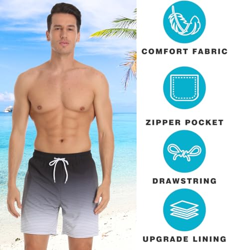 Image of Mens Swim Trunks Compression Liner No Mesh Swimming Trunks Men Swimwear Quick Dry Above Knee Zipper Pocket Swim Shorts