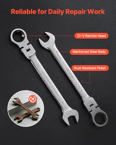 Image of VEVOR Flex-Head Ratcheting Wrench Set, 30-Piece SAE and Metric, 72 Teeth, Cr-V Steel Ratchet Flexible Combination Wrench Set with Roll Up Pouch, for General Household and Automotive Repairs, Silver