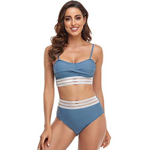 Sexy Beachwear High Maillot de Bain Mesdames Taille Bikini Maillots de Bain Tankinis Set Maillot De Bain Une Pièce Noir (Blue, XXL)