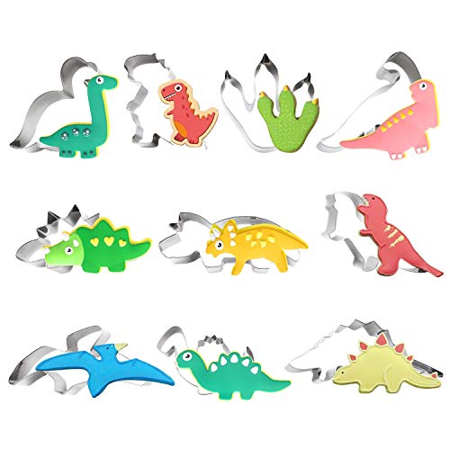 TmppDeco Dinosaur Cookie Cutter Set - 10 Piece Stainless Steel Shaped Cookie Candy Food Cutters Molds for DIY Kitchen Baking Cake Holiday Celebration Kids Dinosaur Themed Birthday Party