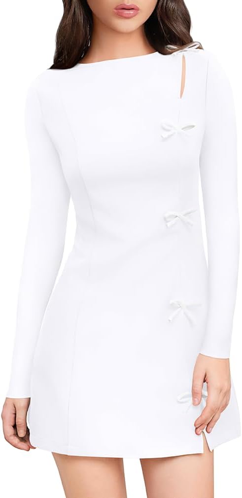 XXTAXN Women's Fall Long Sleeves Boat Neck Elegant Bow Y2k A Line Mini Dress