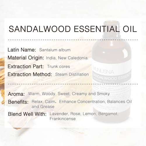 Image of Sandalwood Essential Oil for Skin, Hair, Body Care, Diffuser, 100ML | Pure and Natural, Sandalwood Oil for Massage, Home Aromatherapy, Sleep Relaxation, Yoga, Soap Candle Making, 3.38 Fl Oz