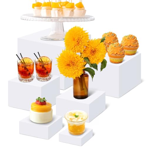 Lot de 6 grands rehausseurs de buffet en acrylique blanc pour table de buffet, présentoirs en acrylique pour traiteur, dessert, bijoux, figurines (20 cm + 18 cm + 15 cm + 13 cm + 10 cm + 7,6 cm)