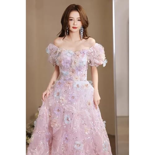 Women Pink Flowers Sequined Off Shoulder Princess Dress Girls Evening Floor Length Luxury Dresses2