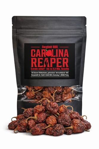 Bergfeld BBQ - Carolina Reaper Schoten 25g - getrocknete ganze Schoten - bis zu 2 2 Mio. Scoville - die SCHÄRFSTE CHILI der Welt - Höllenscharf
