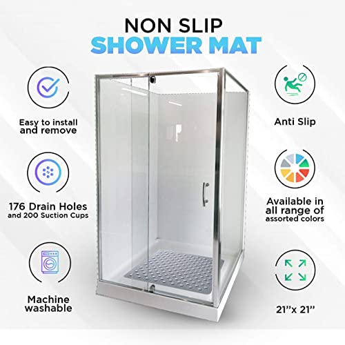 Image of ENKOSI 21 x 21 inch Square Non-Slip Shower Mat - Anti-Slip Shower Mats for Inside Shower - Secure Grip for Shower Stall Floors - Quick-Dry with Drain Holes (21x21 Navy Blue)