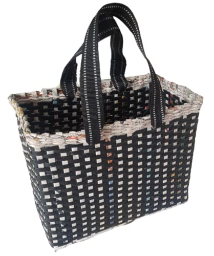 Image of Paperus, Large, Lunch Bag, Picnic Basket, Carry Bag, Handbag, Tiffin Basket for Office, Rectangular, Eco-Friendly, Handmade, of Paper Ropes, in Inch 11 H, 14 L, 7 Wide Base Black