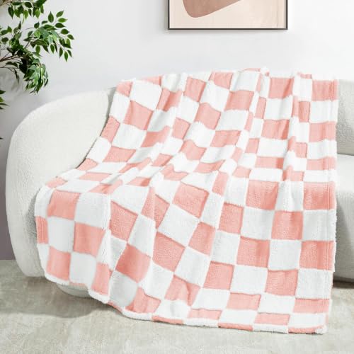 Exclusivo Mezcla Large Checkered Fleece Throw Blanket for Couch Bed, Pink