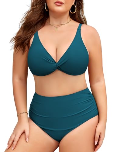 Vijamiy Costume Donna Due Pezzi Taglie Forti Vita Alta Costumi da Bagno Curvy Controllo Addominale Sexy Scollo a V Push Up Bikini L-4XL (Verde Pavone,4XL)