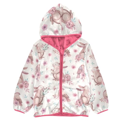 OTVEE Cute Pink Rabbit Flower Bunny Kids Hoodie Jacket Fall Spring Full Zip Warm Outwear Coat