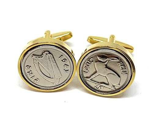 Premium 1943 Lucky Irish Threepence 3d for a 79th Birthday or Anniversary cufflinks GLD, zzzz-s, Silver Plated, Other Clasp Type