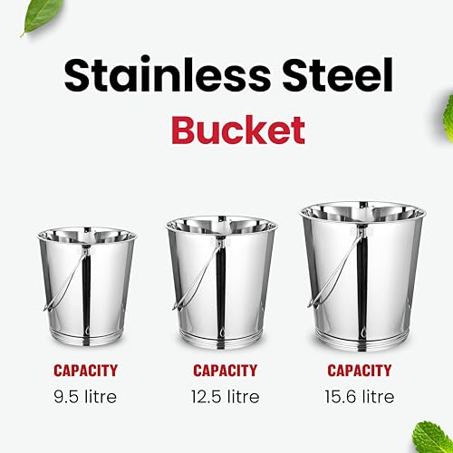 Image of Mintage Stainless Steel Bucket for Bathroom 15.6 litres Capacity | Water Storage Bucket for Kitchen | Balti for Serving | Leak Proof Multipurpose Use | Balti for Home Steel Buckets with Handle