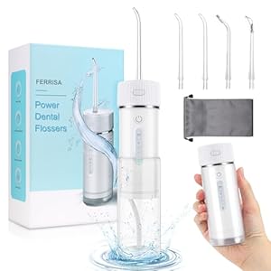 FERRISA Portable Cordless Water Flosser Rechargeable, Detachable Water Tank, Water Dental Flosser with 4 Refill Heads, 4 Modes & Ipx7 Waterproof, Travel Water Flosser for Braces, Teeth Care