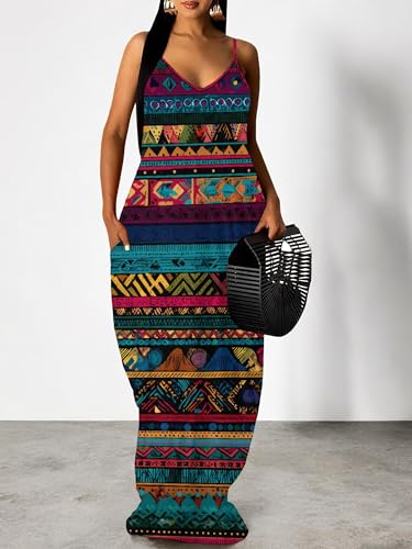 Image of Women's Summer Maxi Dress Spaghetti Strap Floral Boho Beach Long Sundress with Pockets