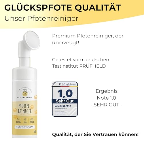 GLÜCKSPFOTE® Pfotenreiniger für Hund & Katze [200ml] | Reinigt & Pflegt natürlich - Pfotenschaum ohne Wasser | Hundepfoten Reiniger Pfotenpflege für Hunde ideal zur Pfotenreinigung für Hunde
