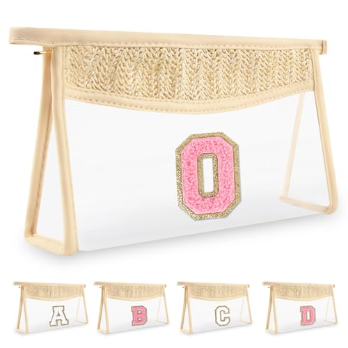 Small Boho Straw Initial Letter Makeup Bag Personalized Gift ,Cute Clear Chenille Patch Makeup Bag With Zipper,Trendy TSA Approved Travel Toiletry Bag,Gift for Women Girls Birthday Friend, Letter O