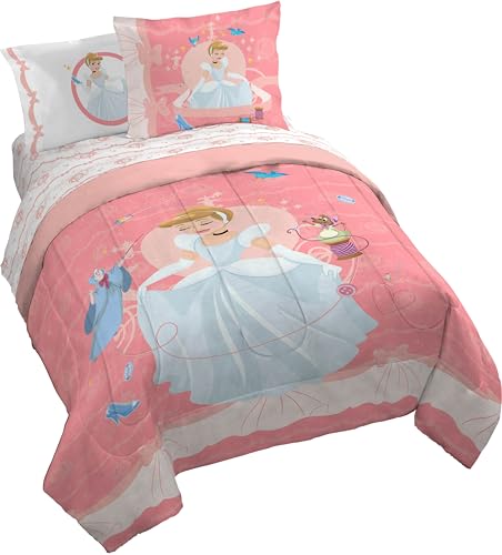 Image of Disney Princess Cinderella Queen Comforter Set 7 Piece Kids Bedding, Pink | Bed in a Bag, Comforter Sheets Shams Pillowcases, Official Brand, Soft Microfiber, Machine Washable, Girls Gift