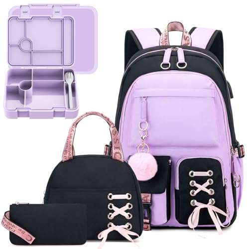 Kids School Backpack for Girls, 4-In-1 Bookbag Backpack Daypack Set with 43OZ Bento Lunch Box, Lunch Bag for Girls Kids Teen Elementary Middle School Student, Girl Backpacks for Schools
