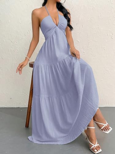 Image of Narecte Women's Maxi Summer Dresses Halter V Neck Beach Dresses for Women A-Line Casual Dress for Vacation