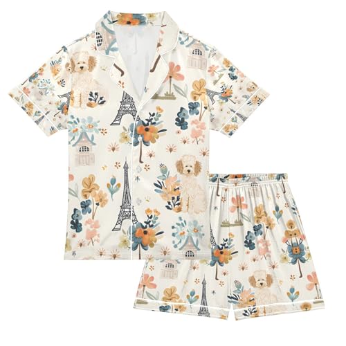 senya Eiffel Tower Cute Dogs Satin Summer Pajama Sets Silk Short Sleeve Button Down Sleepwear