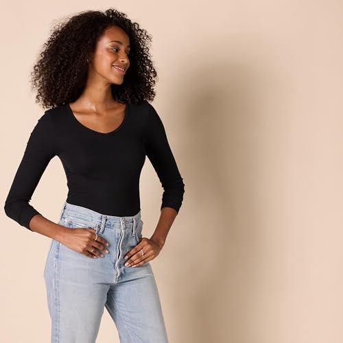 Image of Amazon Essentials Women's Slim-Fit Long Sleeve V-Neck Knit Rib Shirts, Pack of 2