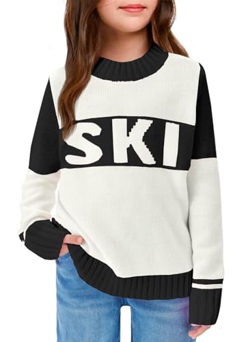 LAYOGAS Girl's Ski Pullover Sweaters Crew Neck Color Block Striped Long Sleeve Knitwear Jumper Tops