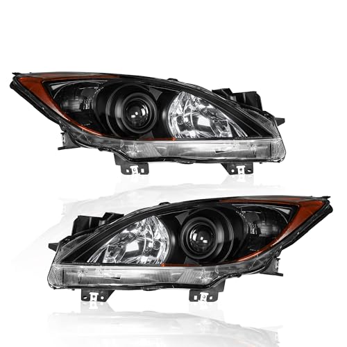 KUIPERAUTO Headlights Assembly Replacement Compatible with 2010-2013 Mazda 3/Mazda 3 Sport Halogen with Clear Lens Black Housing Amber Reflector Driver and Passenger Side #MA2518130 MA2519130