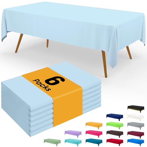 Image of Smiry Disposable Table Cloth - 6 Pack, 54 x 108 Inch Waterproof Rectangle Tablecloths for Parties, Decorative Plastic Table Cover, Leakproof & Sturdy, Baby Blue