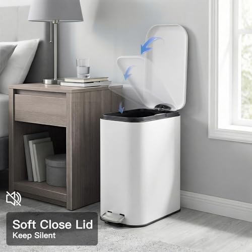 Image of GarveeHome 3.2 Gal Slim Trash Can, Step Garbage Can with Soft-Close Lid, Stainless Steel Recycling Bin Waste Container with Removable Inner Bucket for Kitchen, Bathroom, Office, White