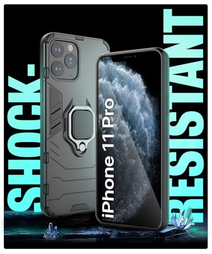 Image of WOW IMAGINE Shock Proof Back Case Mobile Cover Compatible with Apple iPhone 11 Pro (5.8-inch) (Armor | Hybrid PC + TPU | Full Protection with Ring Holder Kickstand | Carbon Black)