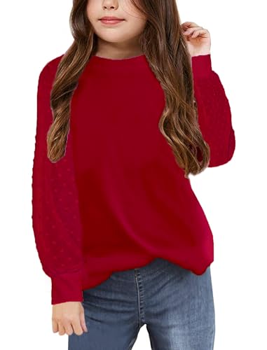 Image of Yekaty Girls Shirts Casual Solid Color Crewneck Blouses Soft Long Sleeve Swiss Dots Chiffon Tops