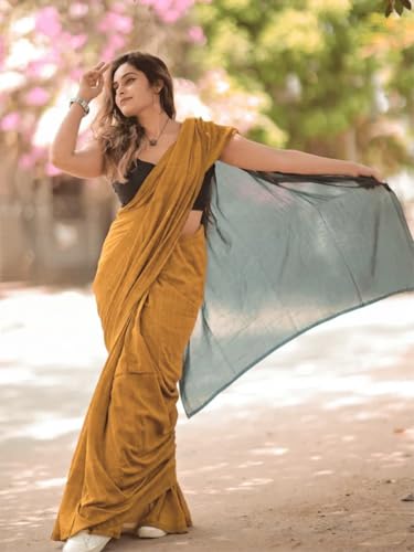 Image of Women's Cotton Woven Soft Sarees With Attach Blouse Piece.