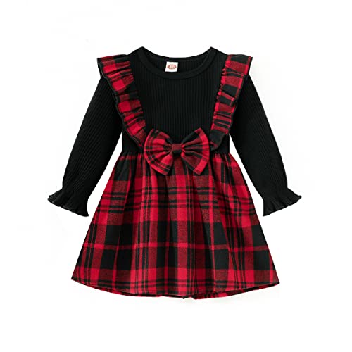 Qiraoxy Baby Mädchen Kleid Langarm Rüschen Kariert Bowknot Kleid Kleinkind Mädchen Prinzessin A-Linie Kleid Süßes Weihnachtskleid Herbst Winter Kleidung Cover