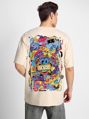 Image of Veirdo Oversized Baggy Fit Pure Cotton Drop Shoulder Half Sleeve & Aesthetic Black & Lilac Back Doodle & Tiger Graphic Printed Round Neck T-Shirt for Men