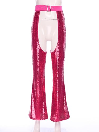 Women's 70s Western Cowgirl Bell Bottoms Chaps Y2k Flared Pants Disco Outfit Party Clubwear3