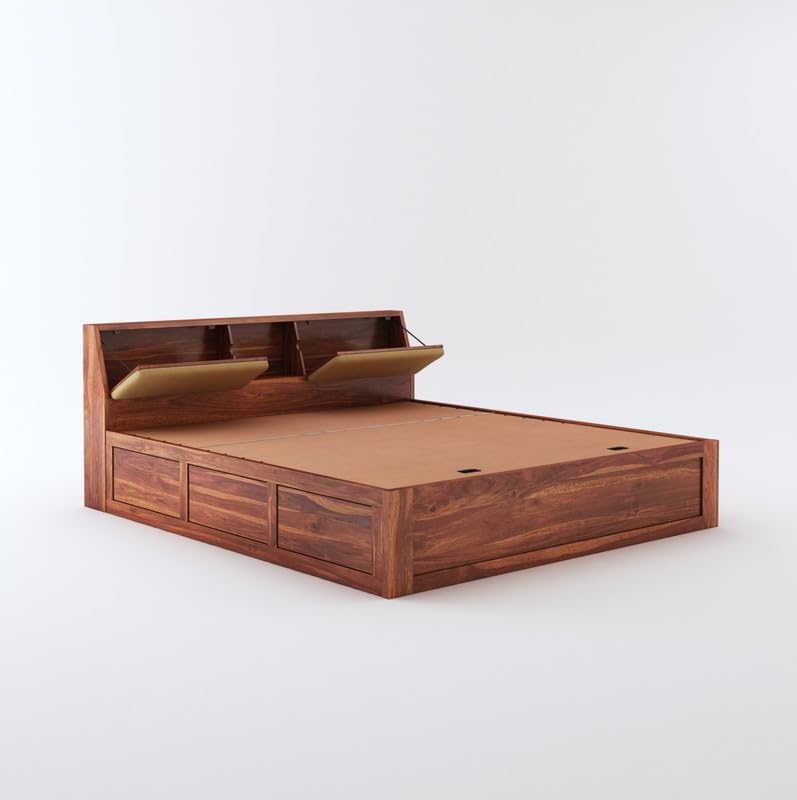 Image of STRATA FURNITURE Sheesham Wood King Size Bed with Hydraulic and Headboard Storage for Living Room Home Bedroom | Wooden Double Bed Cot Palang Furniture (Honey Finish)