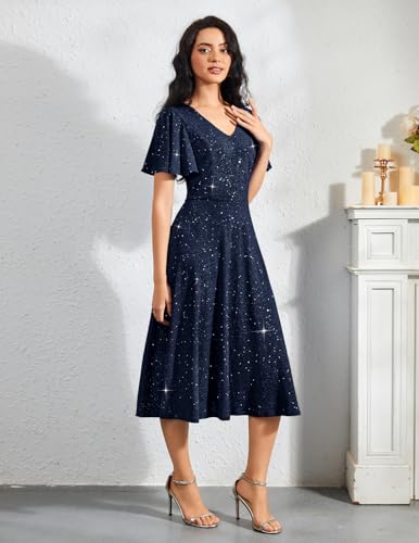 Image of Bridesmay Women's Formal Wedding Guest Dress for Women 2026 Short Sleeve Fit and Flare Tea Party Dresses
