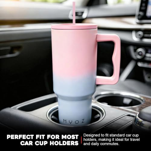 Image of MYOZ 1200ML Stainless Steel Water Mug with Handle, Lid, 2 Straws Leak-Proof Cupholder Tumbler for Gym, Travelling- Spill-Proof 40 oz Bottle (Bubblegum Swirl)