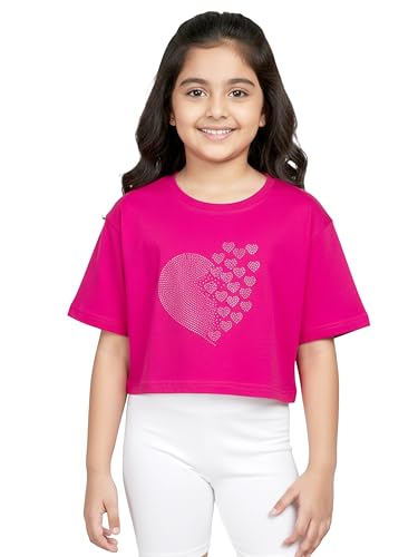 Image of KiddoPanti Girls 100% Cotton Solid Drop Shoulder Half Sleeve Round Neck Crop Tee