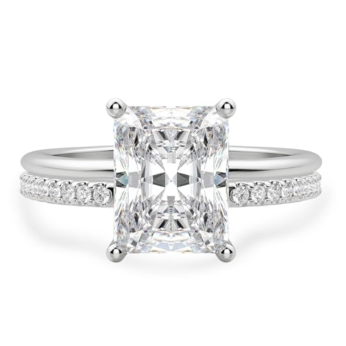 Emerald Cut Moissanite Engagement Ring, 2ct D Color VVS1 Moissanite, 925 Sterling Silver Eternity Anniversary Wedding Promise Band Rings for Women, Size 5-8