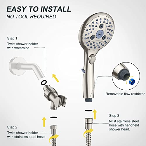 SunCleanse Shower Head, 7 Settings Hand held Shower with ON/OFF Pause Switch, Brushed Nickel High Pressure Shower Head with 71 inch Hose