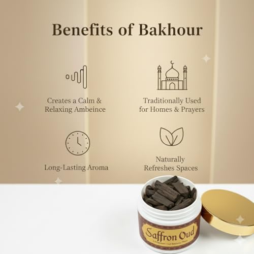 Image of Saffron Oud BAKHOOR Incense | Authentic Arabic BAKHOOR Incense | 40 GMS JAR | Pack of 1 | Natural Wood Chips Saffron Fragrance Woody Blend | Perfect for Pooja
